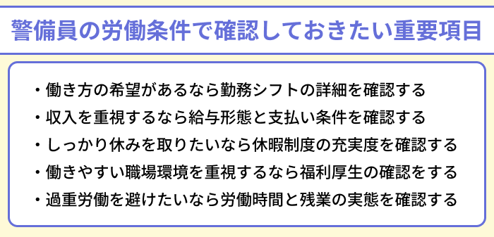 警備員の労働条件で確認しておきたい重要項目のイラスト