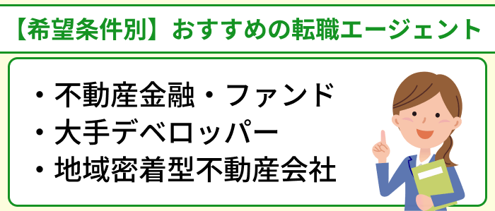 【希望条件別】おすすめ不動産特化の転職エージェントのイラスト